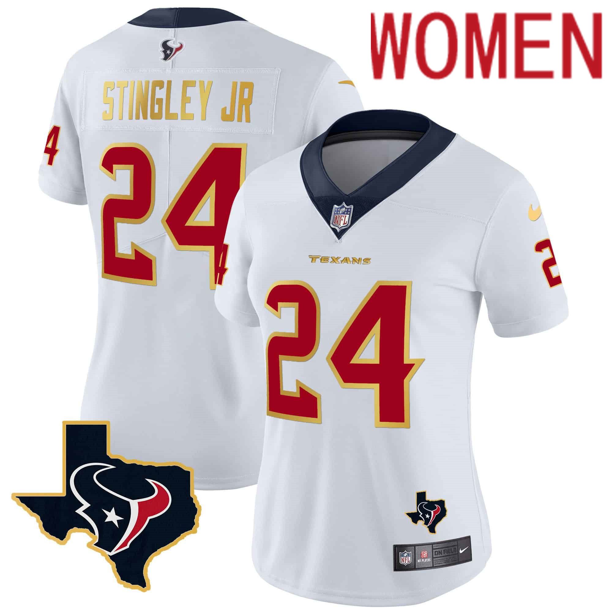 Women Houston Texans #24 Stingley jr White Gold 2024 Nike Trim Vapor NFL Jersey